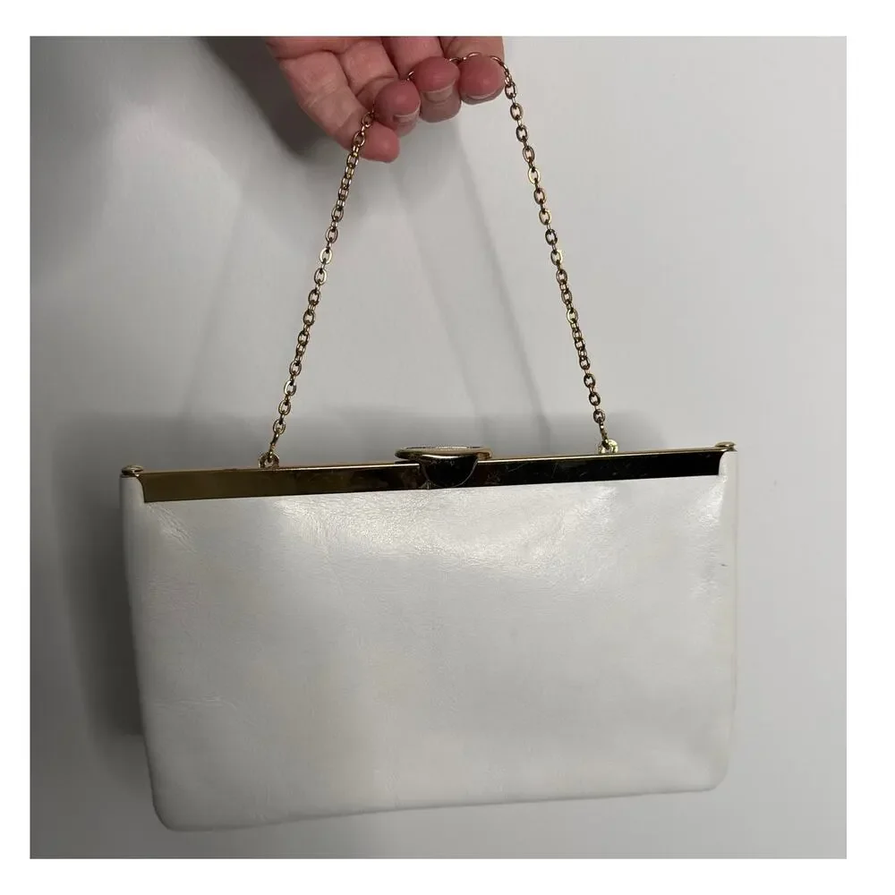 70s Etra white clutch with gold metal frame and matching gold chain strap